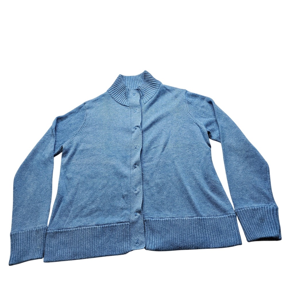 Gap Maternity Cardigan Sweater Womens L Blue Mock Neck Hidden Snap Long Sleeve